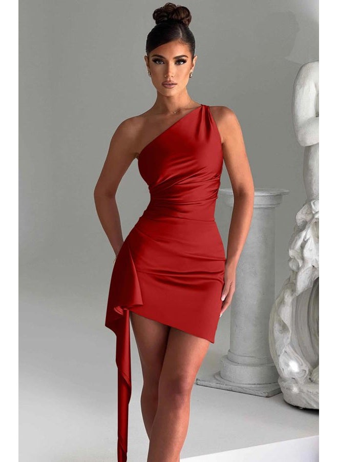 Memoriesea Women's Satin One Shoulder Ruched Bodycon Sleeveless Mini Club Party Dress, Red, Medium - Image 3