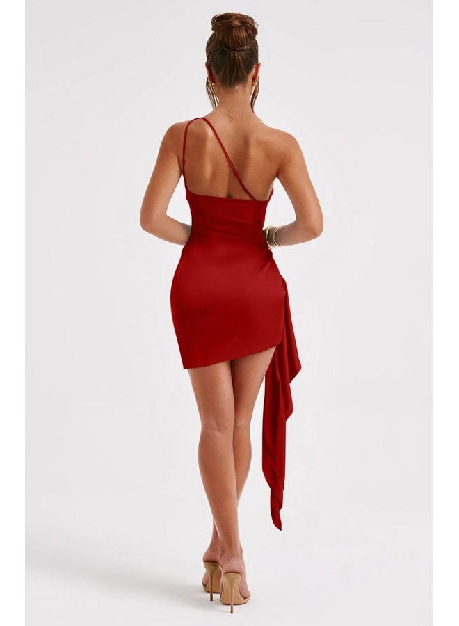 Memoriesea Women's Satin One Shoulder Ruched Bodycon Sleeveless Mini Club Party Dress, Red, Medium - Image 4