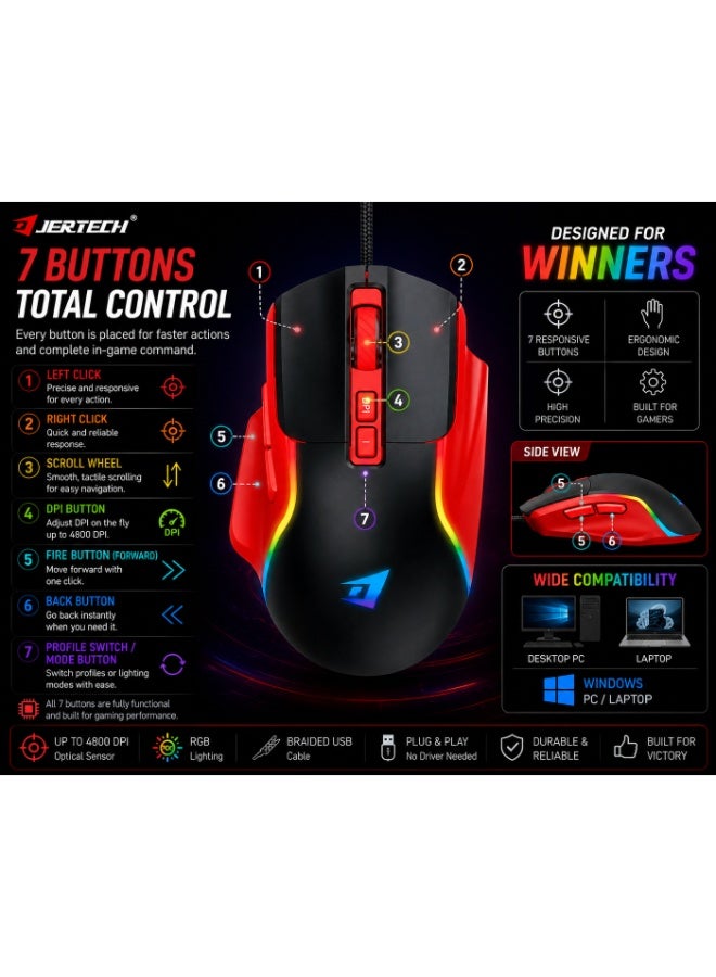 جيرتك فأرة الألعاب السلكية JERTECH JR850 PULSE RGB - تصميم مريح، 7 أزرار، دقة قابلة للتعديل تصل إلى 4800 نقطة في البوصة (أحمر أسود) - Image 3