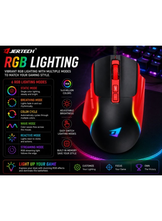 جيرتك فأرة الألعاب السلكية JERTECH JR850 PULSE RGB - تصميم مريح، 7 أزرار، دقة قابلة للتعديل تصل إلى 4800 نقطة في البوصة (أحمر أسود) - Image 2