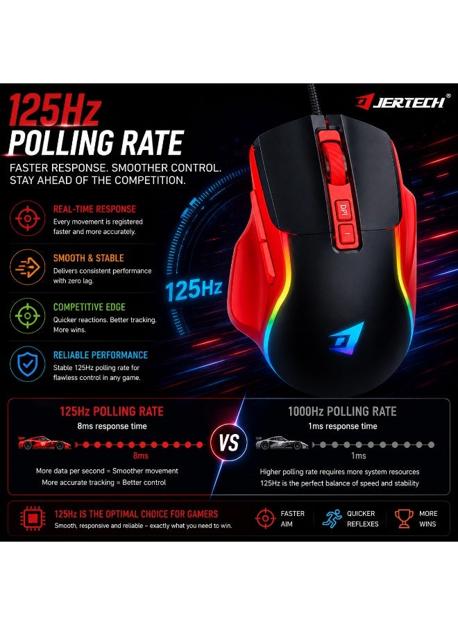 جيرتك فأرة الألعاب السلكية JERTECH JR850 PULSE RGB - تصميم مريح، 7 أزرار، دقة قابلة للتعديل تصل إلى 4800 نقطة في البوصة (أحمر أسود) - Image 4