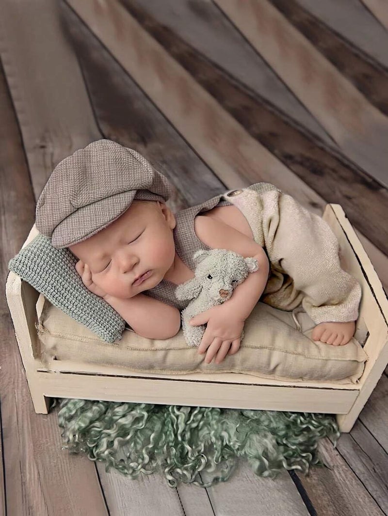 Befygier Newborn Photography Props, 2-PCs Baby Boy Photoshoot Outfit with Suspender Pants and Beret for 0-3 Months Old Babies (Beige) - Image 1