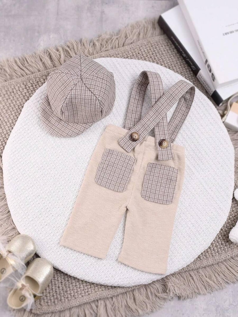 Befygier Newborn Photography Props, 2-PCs Baby Boy Photoshoot Outfit with Suspender Pants and Beret for 0-3 Months Old Babies (Beige) - Image 2
