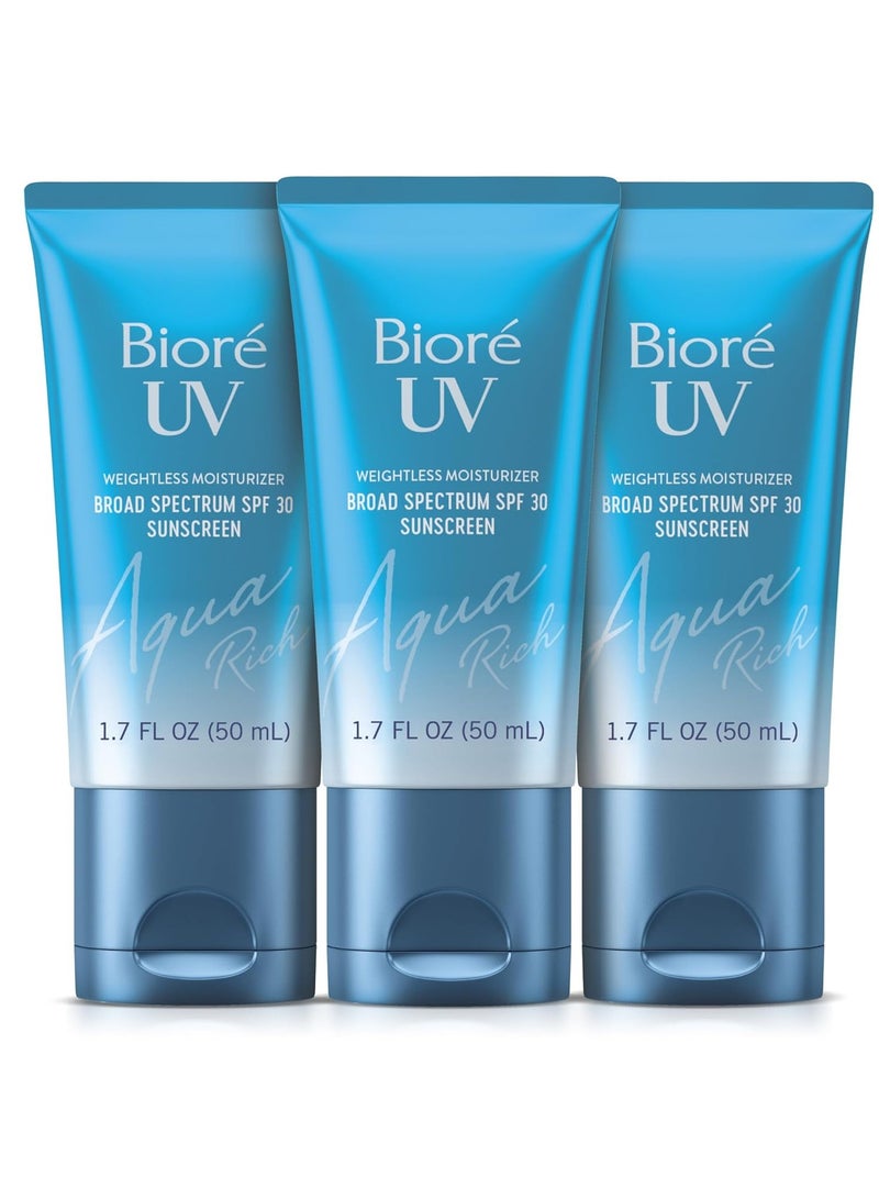 Biore UV Aqua Rich Daily Hydrating Facial Moisturizer with SPF 30 PA+++ | Oil Free Sunscreen for Sensitive Skin with Hyaluronic Acid, Non-Comedogenic, Dermatologist Tested, 1.7 Oz/3 Pack - Image 1
