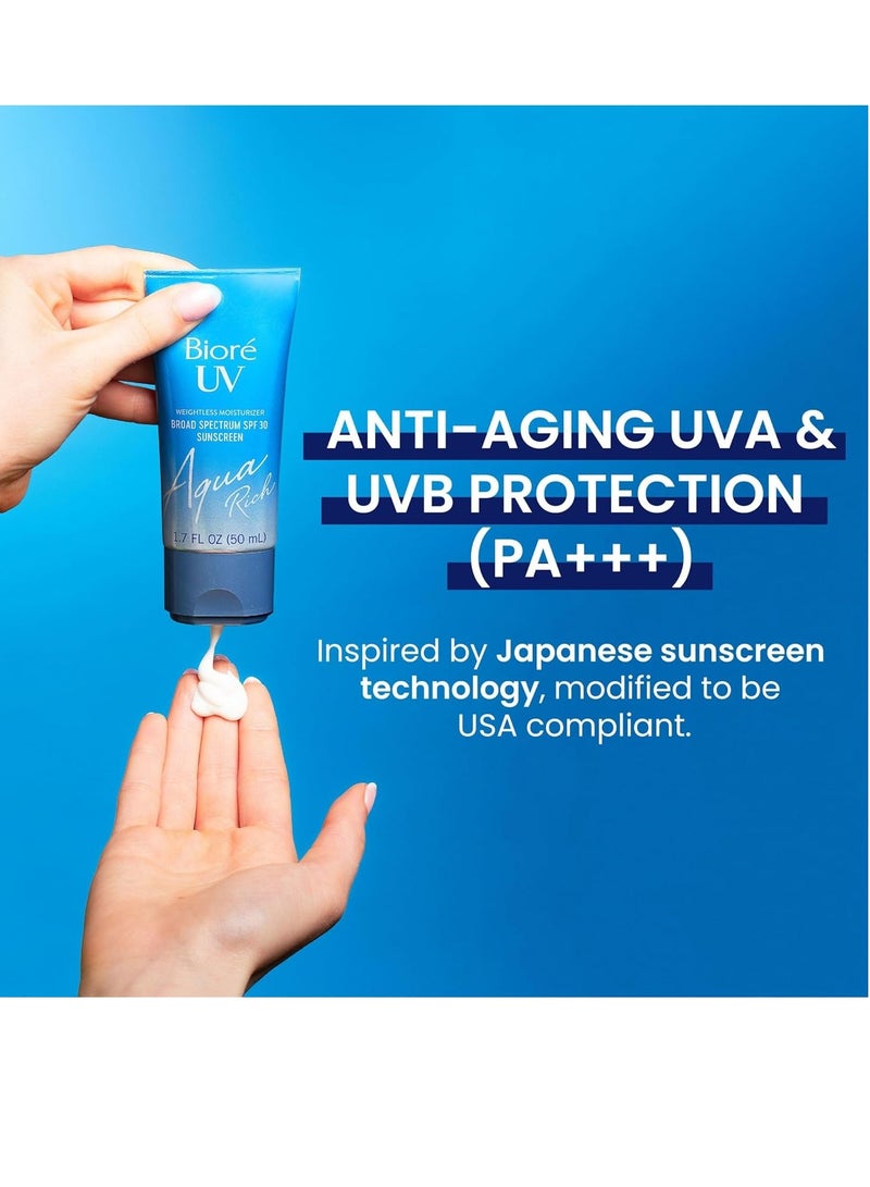 Biore UV Aqua Rich Daily Hydrating Facial Moisturizer with SPF 30 PA+++ | Oil Free Sunscreen for Sensitive Skin with Hyaluronic Acid, Non-Comedogenic, Dermatologist Tested, 1.7 Oz/3 Pack - Image 2