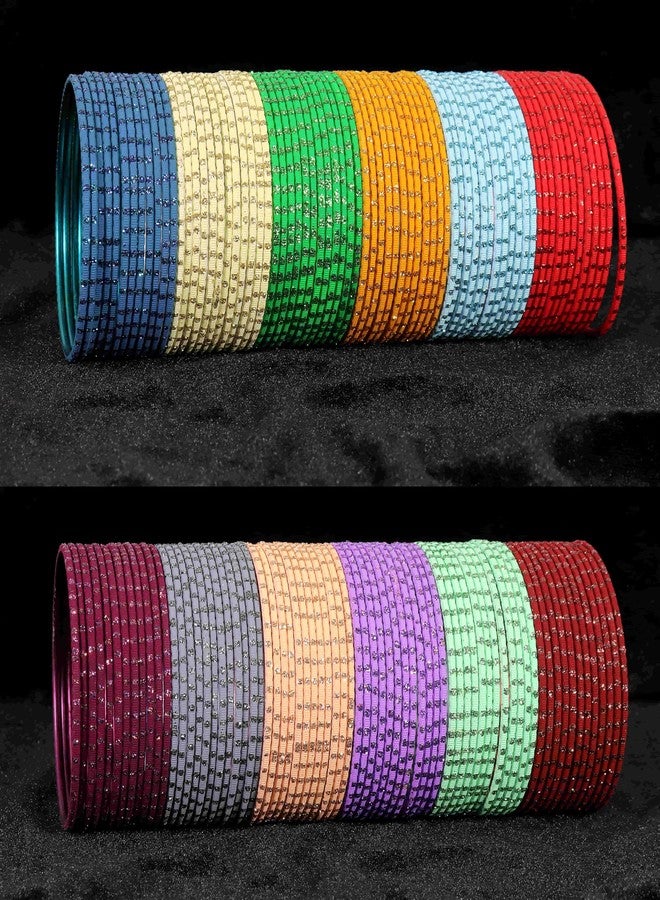 NMII Metal Colourful Bangles For Women & Girls with Glitter Zari Polka Dots | Indian Bangles | Churi Set | Kada | Bangles Bracelet | Kangan Bangles | Chuda Set For Bridal Bangles-(P18-Skyworld-2.8) - Image 3