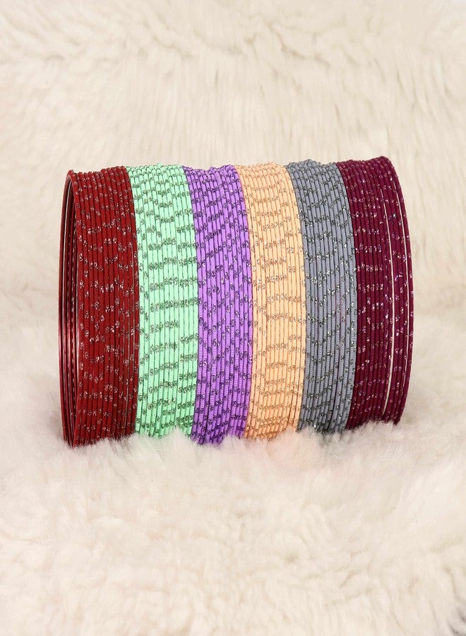 NMII Metal Colourful Bangles For Women & Girls with Glitter Zari Polka Dots | Indian Bangles | Churi Set | Kada | Bangles Bracelet | Kangan Bangles | Chuda Set For Bridal Bangles-(P18-Skyworld-2.8) - Image 5