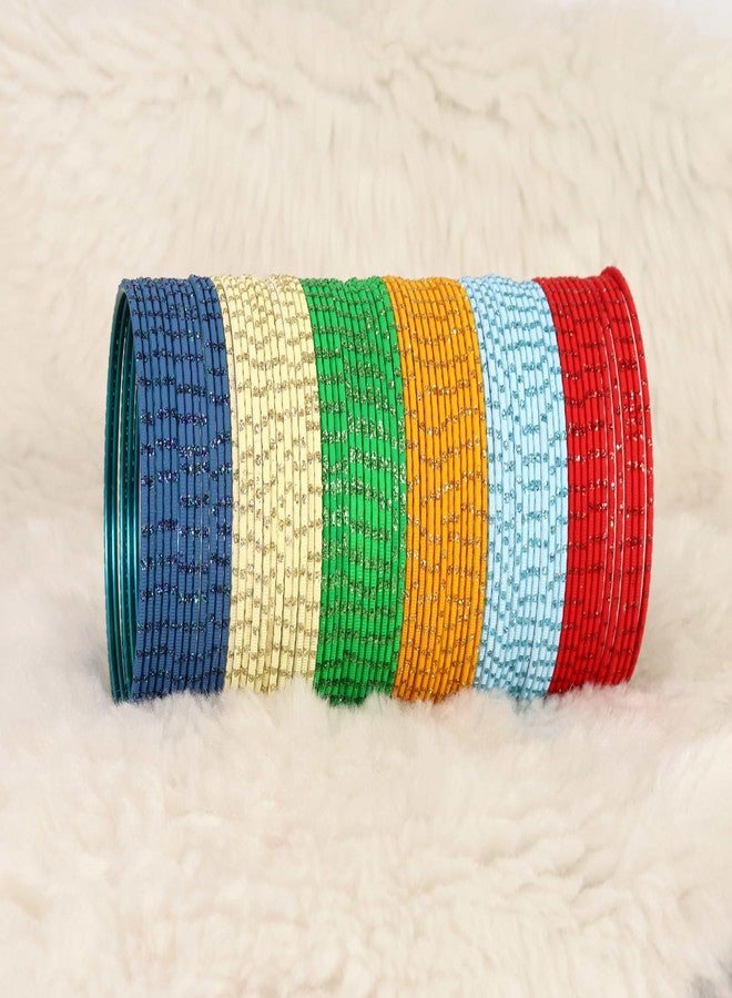 NMII Metal Colourful Bangles For Women & Girls with Glitter Zari Polka Dots | Indian Bangles | Churi Set | Kada | Bangles Bracelet | Kangan Bangles | Chuda Set For Bridal Bangles-(P18-Skyworld-2.8) - Image 4