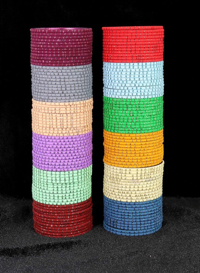 NMII Metal Colourful Bangles For Women & Girls with Glitter Zari Polka Dots | Indian Bangles | Churi Set | Kada | Bangles Bracelet | Kangan Bangles | Chuda Set For Bridal Bangles-(P18-Skyworld-2.8) - Image 2