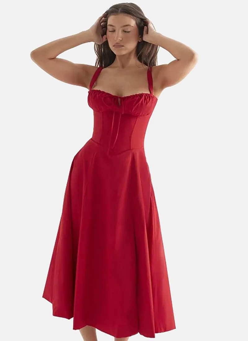 يونيكي Red Solid Satin Corset Midi Dress