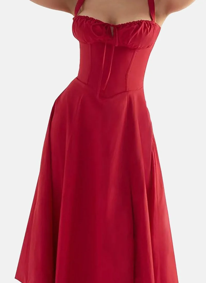 يونيكي Red Solid Satin Corset Midi Dress