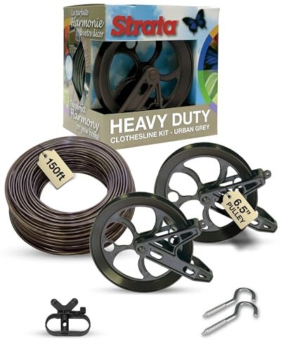Strata Aged Bronze Harmony Clothesline Outdoor Heavy Duty Kit - 150 Feet Galvanized Wire PVC Coating, 6.5" Aged Bronze Clothesline Pulley 2pcs, Metal Mini Winch Tightener 1pc & 2 Metal Hooks - Image 1