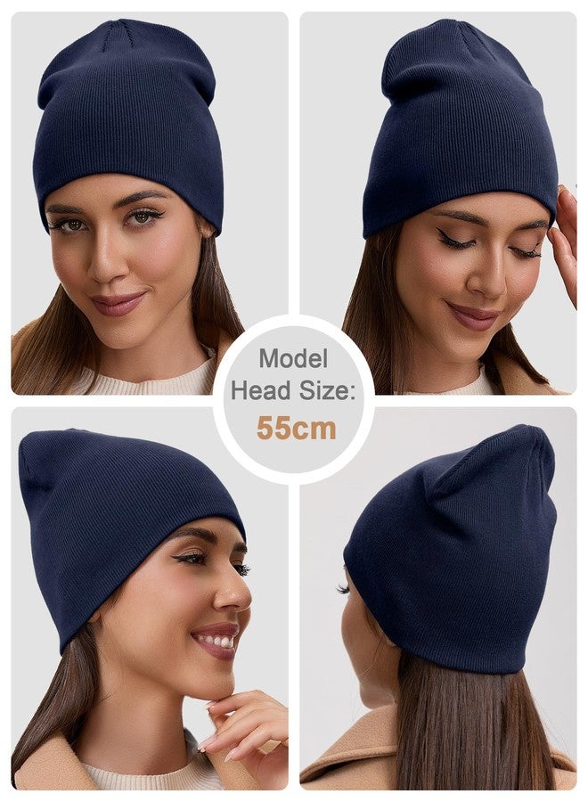 vidsel 100% Cotton Beanie Hat for Men Women - Soft Unisex Winter Knit Skull Cap, Stretch Fashion Fisherman Beanie, Navy Blue - Image 4