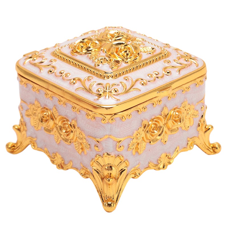 European Style Vintage Metal Jewelry Box Square Decorative Trinket Jewelry Storage Box for Earrings Necklaces White - Image 2