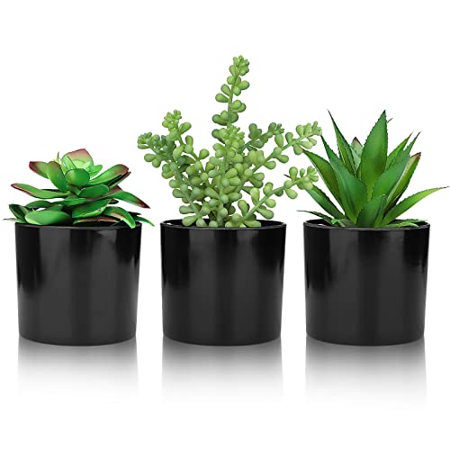 Hopewood Artificial Succulents Faux Potted Plant Decor, Small Fake Plants in Black Pot, Realistic and Lifelike for Book Shelf, Desk Decor, Home Office, Kitchen, or Bathroom Decor - Pack of 3 - Image 1