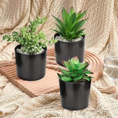 Hopewood Artificial Succulents Faux Potted Plant Decor, Small Fake Plants in Black Pot, Realistic and Lifelike for Book Shelf, Desk Decor, Home Office, Kitchen, or Bathroom Decor - Pack of 3 - Image 3