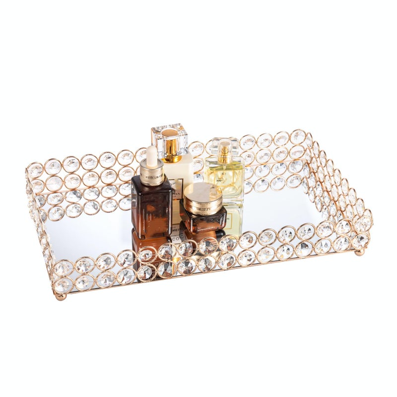 Feyarl Large Crystal Perfume Tray Cosmetic Makeup Vanity Tray Jewelry Trinket Ring Earring Display Organizer Decorative Skin Care Storage for Home Decoration Dresser Countertop(13.7 x 7.87 inch) - Image 1