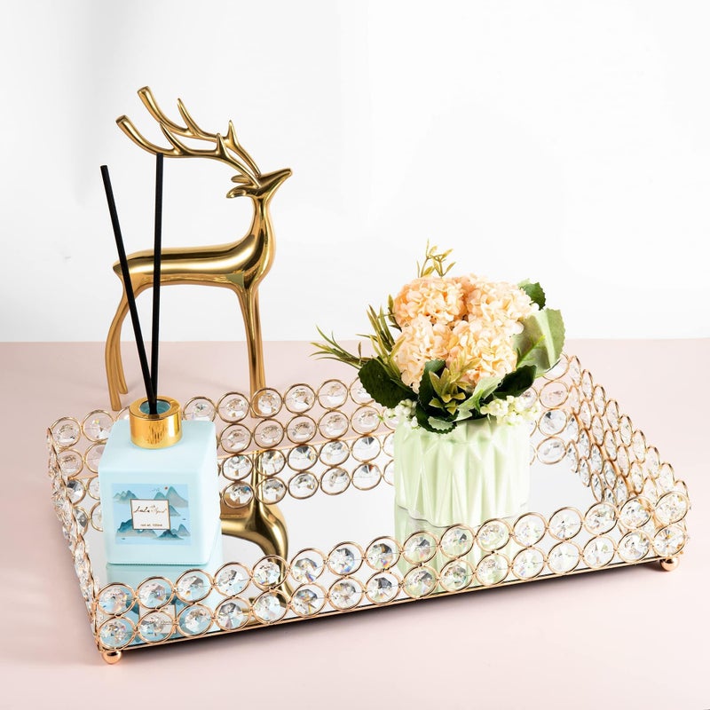 Feyarl Large Crystal Perfume Tray Cosmetic Makeup Vanity Tray Jewelry Trinket Ring Earring Display Organizer Decorative Skin Care Storage for Home Decoration Dresser Countertop(13.7 x 7.87 inch) - Image 4