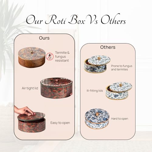 nestroots Wooden Casserole for Roti | 9-Inch Hot Box for Kitchen | Chapati Box with Stainless Steel Tong | Copper Finish Hot Pot Roti Box for Fresh & Warm Roti | Durable & Stylish Kitchen Storage - Image 5