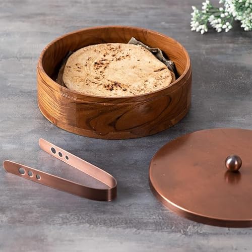 nestroots Wooden Casserole for Roti | 9-Inch Hot Box for Kitchen | Chapati Box with Stainless Steel Tong | Copper Finish Hot Pot Roti Box for Fresh & Warm Roti | Durable & Stylish Kitchen Storage - Image 1