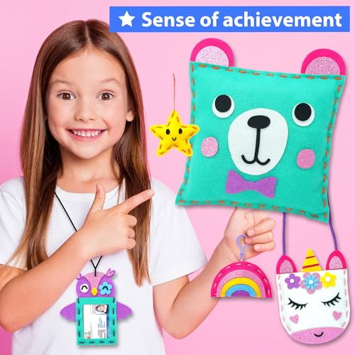 KRAFUN My First Sewing Kit for Beginner Kids Arts & Crafts, 7 Easy DIY Projects of Stuffed Animal Dolls and Plush Pillow Craft, Instructions & Felt, Gift for Girls, Boys, Learn to Sew, Embroidery - Image 4