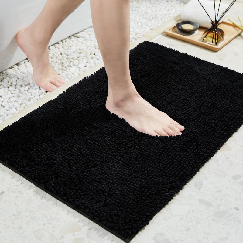 TECHMILLY 32 x 20 Soft Fluffy Chenille Large Bathroom Rugs Non Slip Absorbent Bath Mats for Bathroom Washable and Quick Dry Black 32 x 20