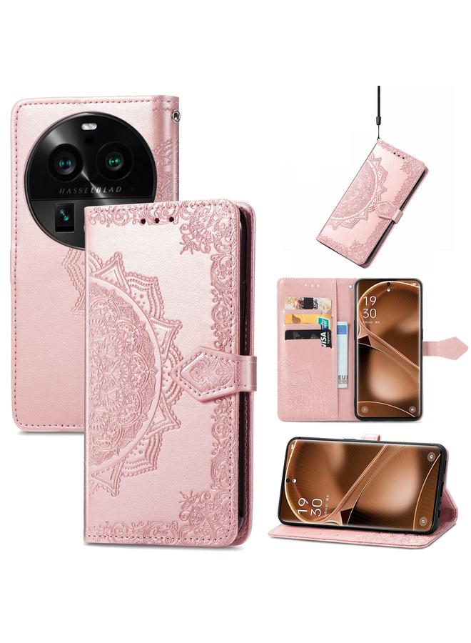 اس-توب جراب هاتف من الجلد المنقوش بنقشة زهرة ماندالا لهاتف OPPO Find X6 Pro - Image 1