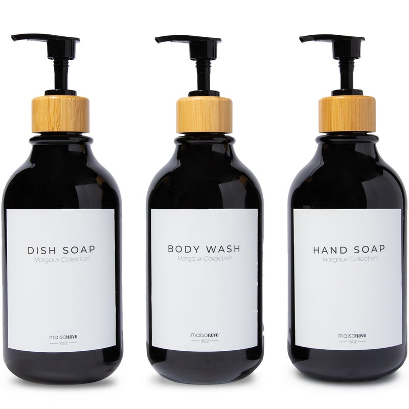 MAISONOVO MaisoNovo Refillable Shampoo and Conditioner Bottles  169 fl oz Set of 3 Black Plastic Bottles Black Bamboo Pumps