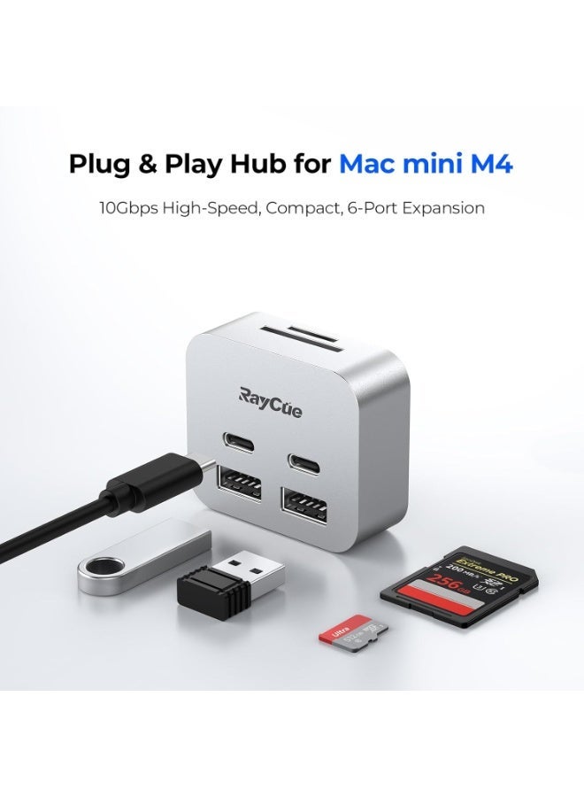رايكيو مُستودع ماك ميني إم4 ميني لجهاز ماك ميني إم4 | محول USB-C بمنافذ 6 مع مُعدّلَين بسرعة 10 جيجابت/ثانية، 2× منفذ USB-C بسرعة 10 جيجابت/ثانية، 2× منفذ USB-A بسرعة 10 جيجابت/ثانية، قارئ بطاقة SD TF 3.0 | نقل بيانات سريع واتصال متعدد الأجهزة - Image 2