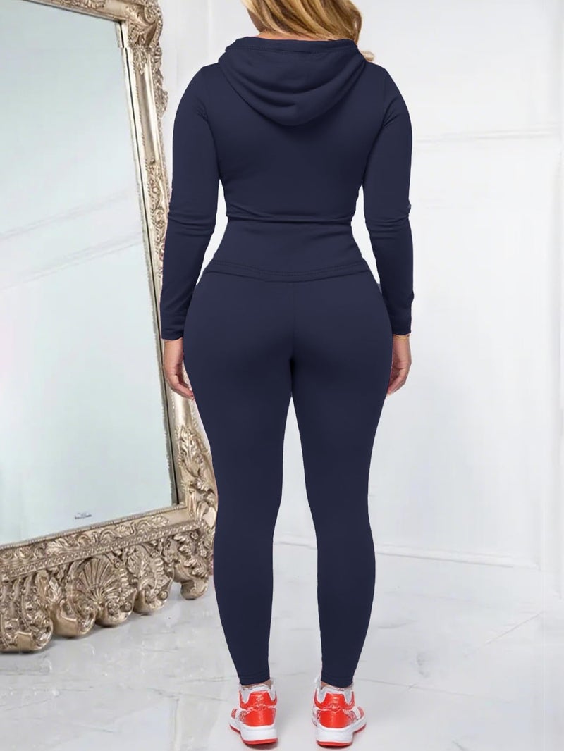 AUXDIO Women 2 Piece Outfits Casual Workout Sets Bodycon Tracksuit Zip Up Long Sleeve Hoodle Jacket Jogger Pants Set Navy Blue S - Image 4