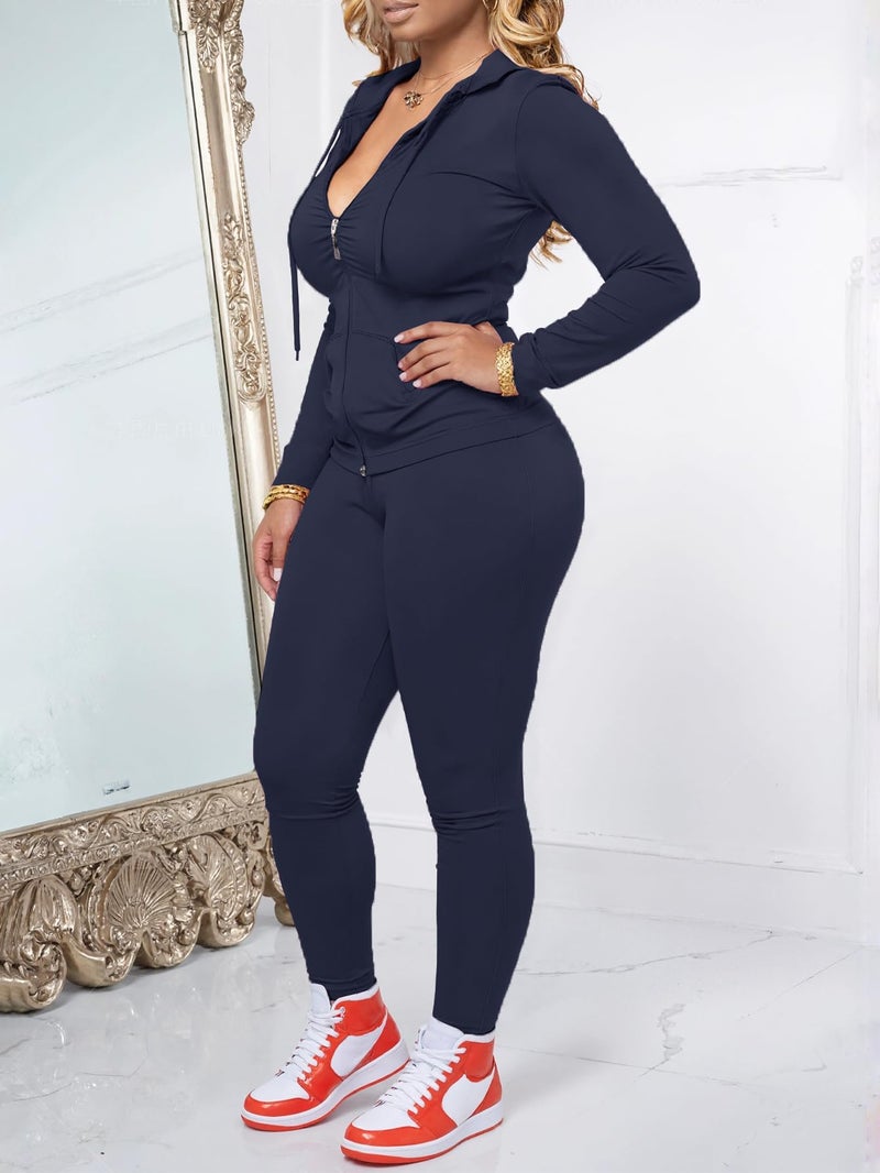 AUXDIO Women 2 Piece Outfits Casual Workout Sets Bodycon Tracksuit Zip Up Long Sleeve Hoodle Jacket Jogger Pants Set Navy Blue S - Image 3