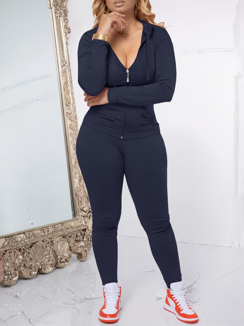 AUXDIO Women 2 Piece Outfits Casual Workout Sets Bodycon Tracksuit Zip Up Long Sleeve Hoodle Jacket Jogger Pants Set Navy Blue S - Image 5