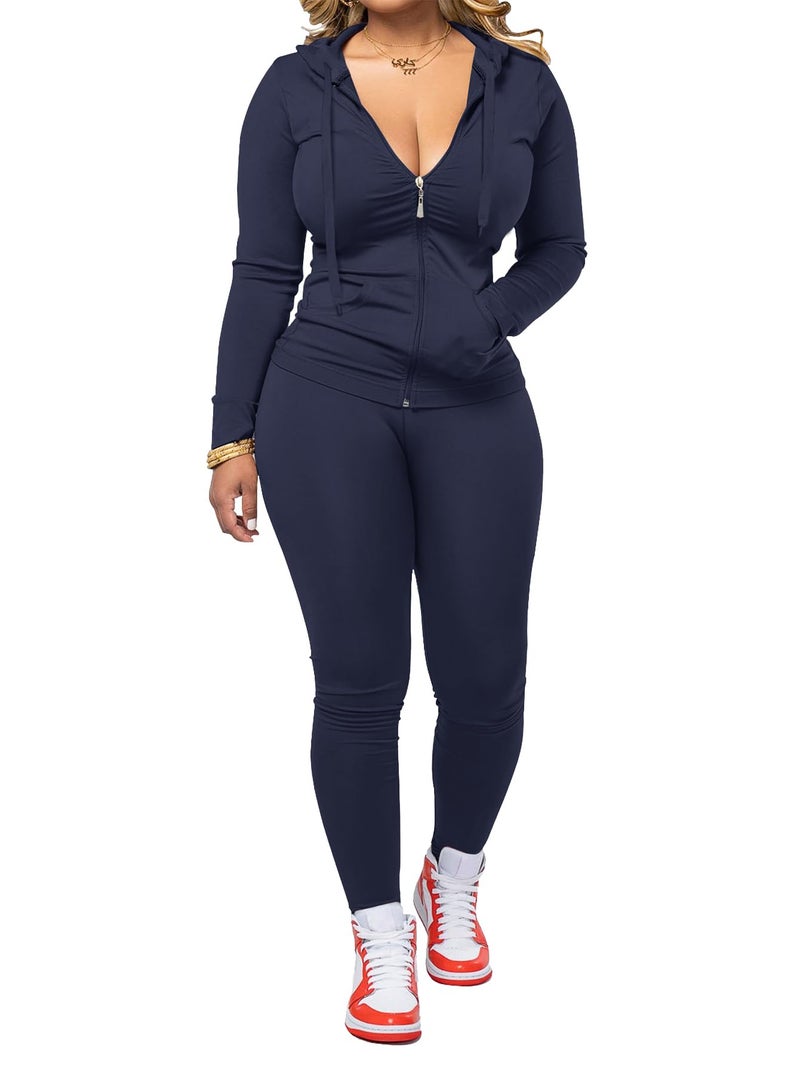 AUXDIO Women 2 Piece Outfits Casual Workout Sets Bodycon Tracksuit Zip Up Long Sleeve Hoodle Jacket Jogger Pants Set Navy Blue S - Image 1