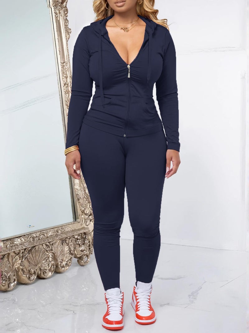 AUXDIO Women 2 Piece Outfits Casual Workout Sets Bodycon Tracksuit Zip Up Long Sleeve Hoodle Jacket Jogger Pants Set Navy Blue S - Image 2