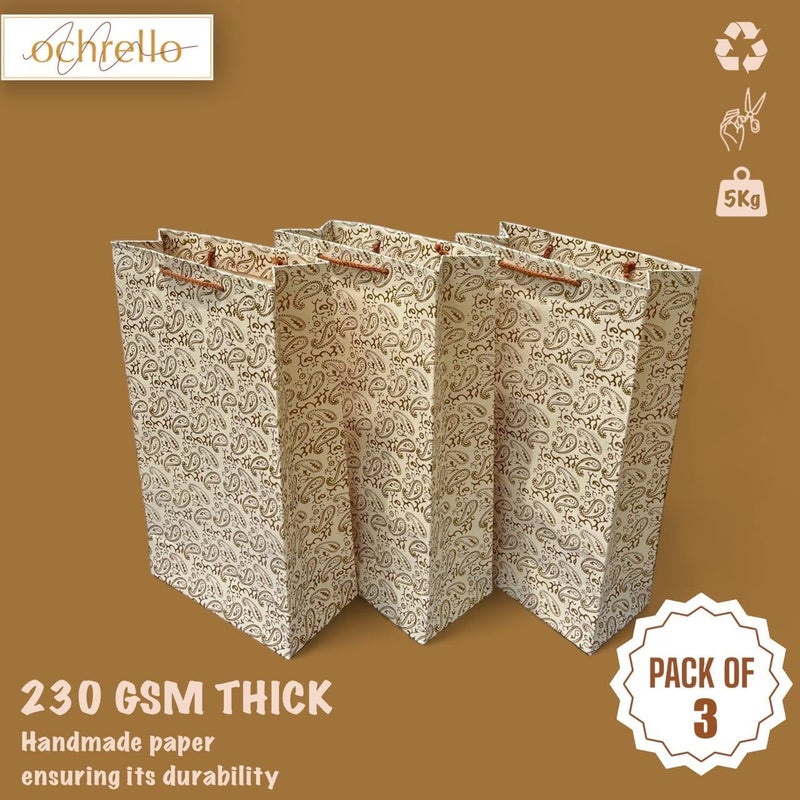 ochrello Gift Bags - Paper Bags For Return Gifts - Large Carry Bags For Gifting - Large Paper Bags -Goodie Bags for taller gifts - Gift Covers - Pack Of 3, Paisley, Yellow. 25cms (10 inches) x 12 cms (5 inches) x 45 cms (18 inches). (3) - Image 2