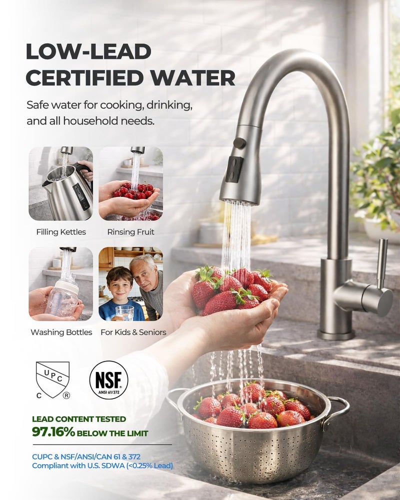 WEWE Kitchen Faucets with Pull Down Sprayer, Leak-Proof Stainless Steel Lead-Free Single Handle 1 Hole for Family Kitchen Commercial Camper Laundry Rv Bar, Brushed Nickel Bar Sink Faucet - Image 4
