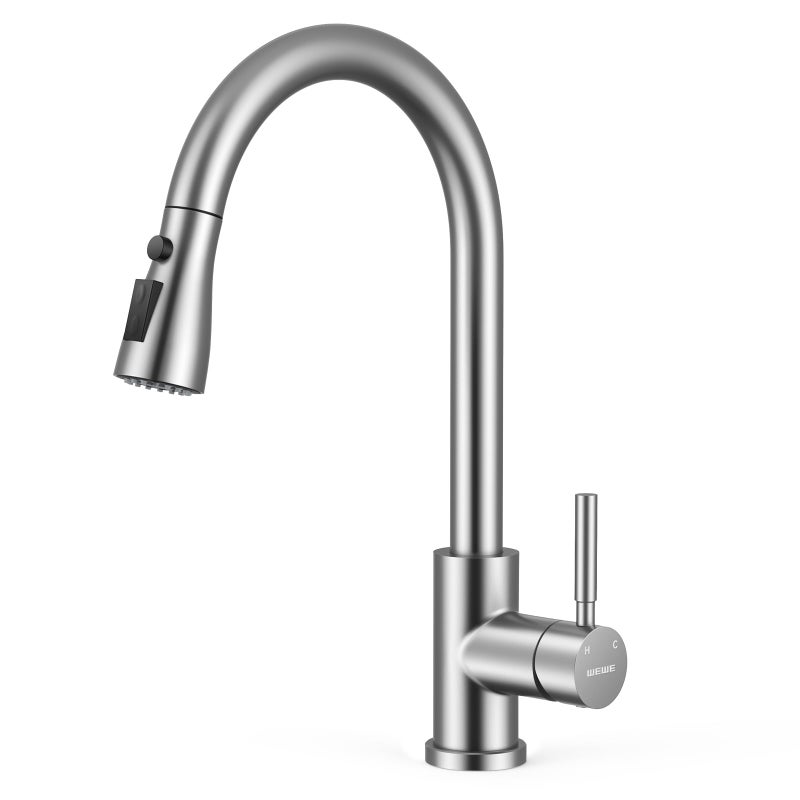 WEWE Kitchen Faucets with Pull Down Sprayer, Leak-Proof Stainless Steel Lead-Free Single Handle 1 Hole for Family Kitchen Commercial Camper Laundry Rv Bar, Brushed Nickel Bar Sink Faucet - Image 1