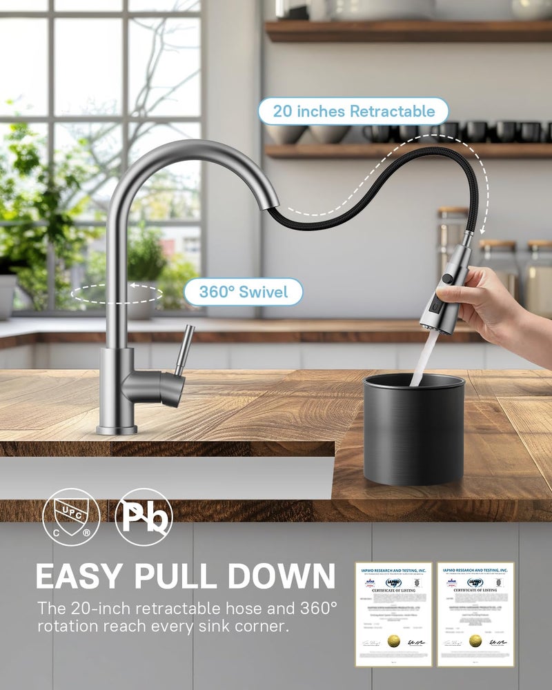 WEWE Kitchen Faucets with Pull Down Sprayer, Leak-Proof Stainless Steel Lead-Free Single Handle 1 Hole for Family Kitchen Commercial Camper Laundry Rv Bar, Brushed Nickel Bar Sink Faucet - Image 3