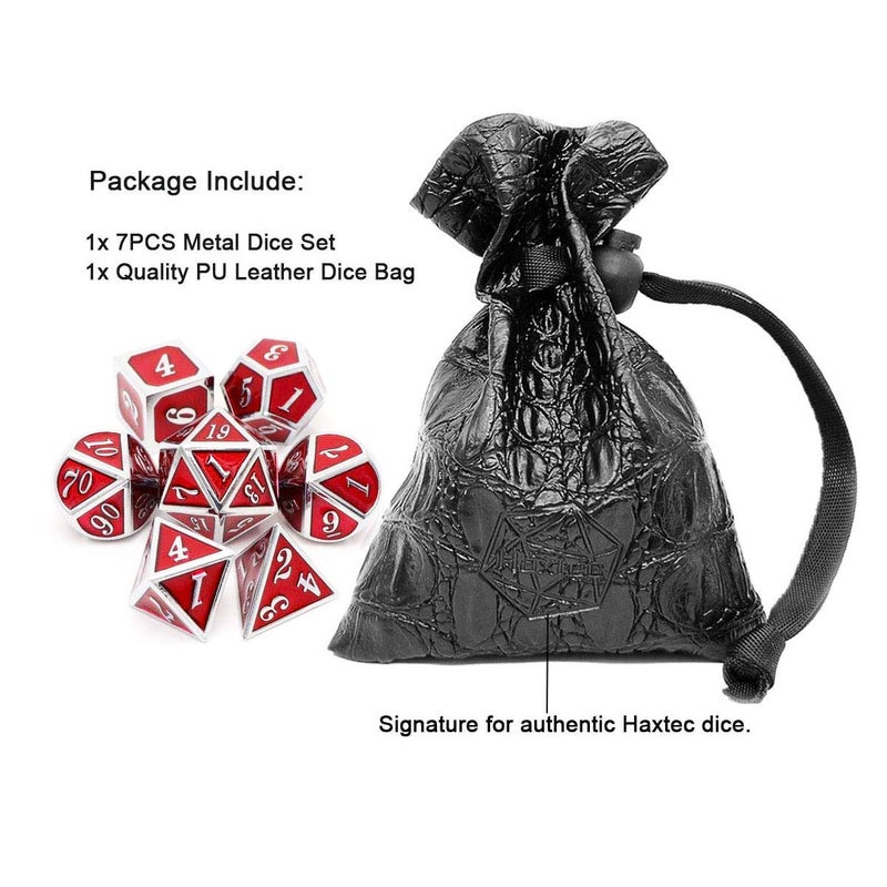 Haxtec Metal Dice Set D&D Red Silver DND Dice Set for Dungeons and Dragons RPG Games Leather Dice Bag DND Gifts-Glossy Enamel Dice (Silver Red) - Image 2