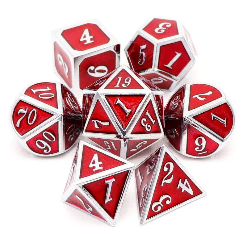 Haxtec Metal Dice Set D&D Red Silver DND Dice Set for Dungeons and Dragons RPG Games Leather Dice Bag DND Gifts-Glossy Enamel Dice (Silver Red) - Image 1