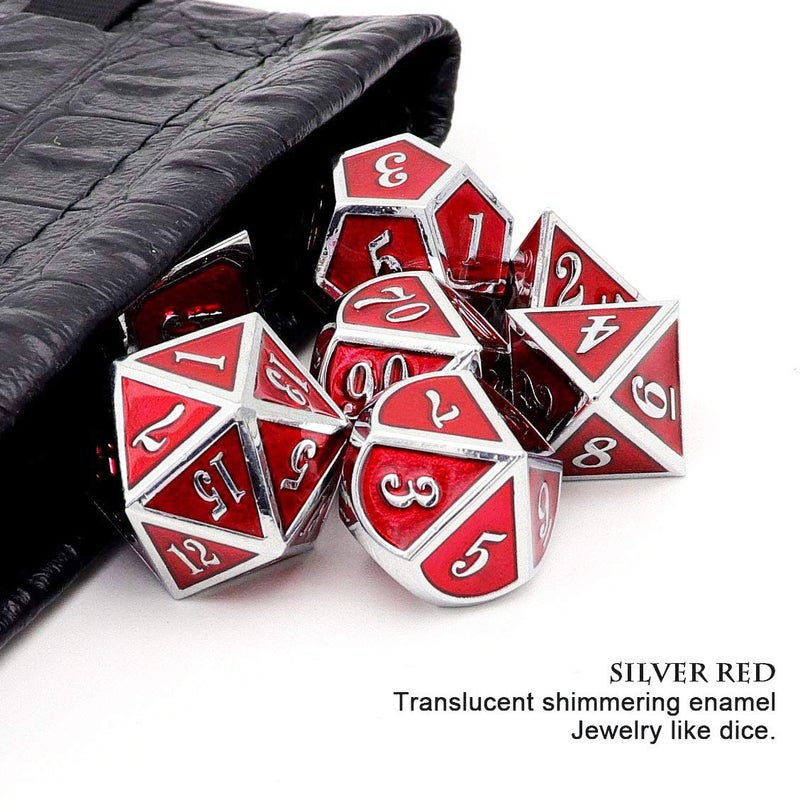Haxtec Metal Dice Set D&D Red Silver DND Dice Set for Dungeons and Dragons RPG Games Leather Dice Bag DND Gifts-Glossy Enamel Dice (Silver Red) - Image 3