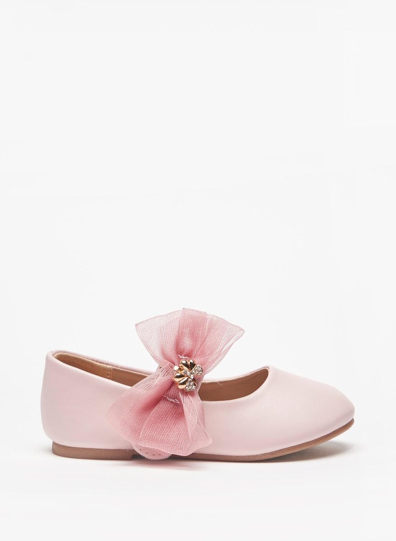 Girls Bow Accented Round Toe Ballerina Shoes with Hook and Loop Closure