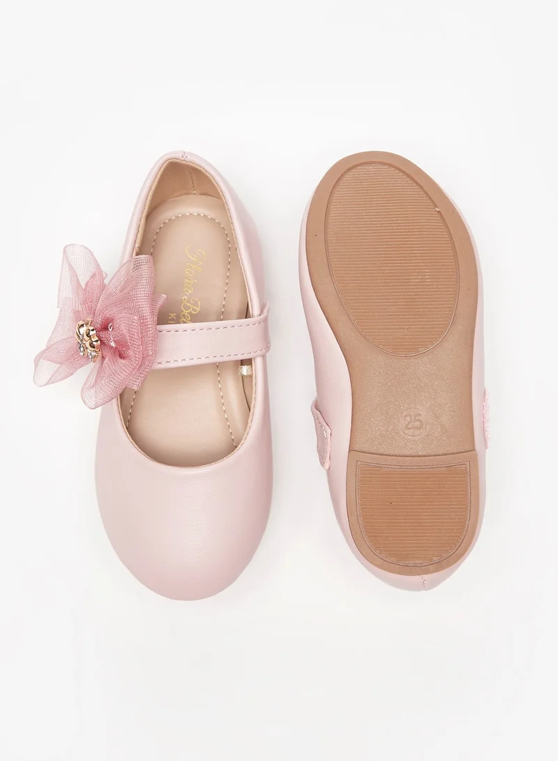 Flora Bella By Shoexpress Girls Bow Accented Round Toe Ballerina Shoes with Hook and Loop Closure