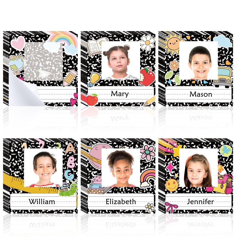 Fuyoooo 42pcs Desk Name Tags Kids Photo Nameplates for Desk Student Name Plates for Classroom Kindergarten Labels Stickers with Photo Self Adhesive Colorful Classroom Decoration(Composition Book) - Image 1
