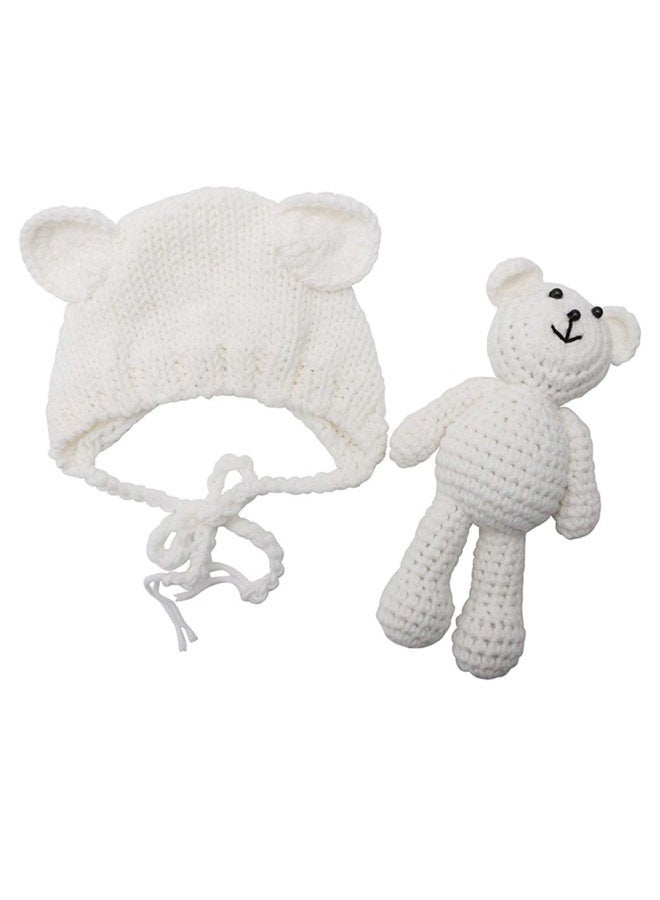 ECYC Newborn Baby Bear Hat Beanie with Bear Dolls Photography Accessories,White  - Image 1
