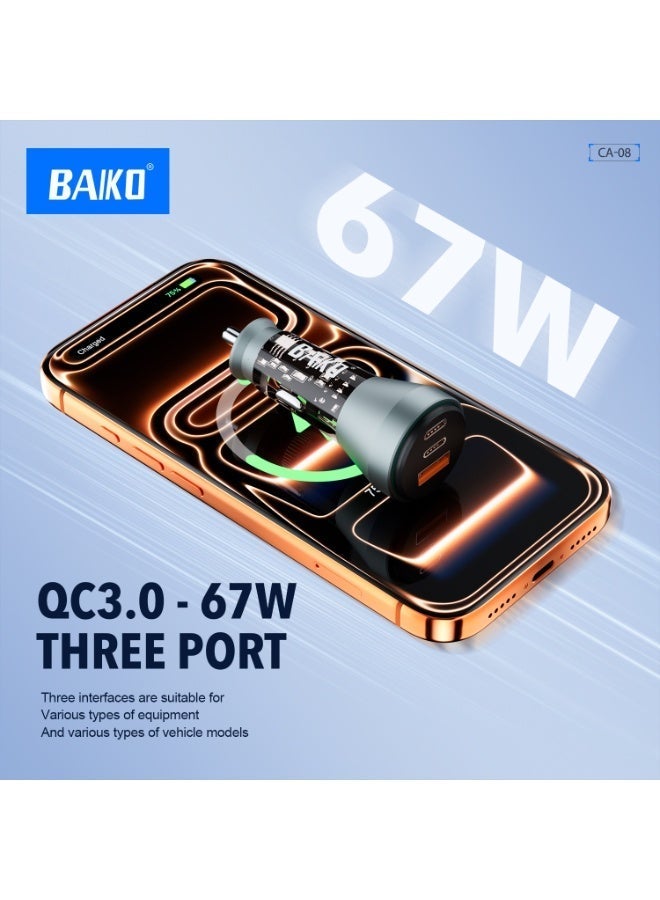 بَيّاكم شاحن سيارة سريع من بايكو بقوة 67 واط بتقنية الشحن السريع PD + QC3.0، مزود بمنفذي USB-C و USB-A، مناسب للهواتف الذكية والأجهزة اللوحية وأجهزة الكمبيوتر المحمولة. - Image 2