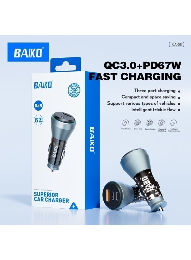 بَيّاكم شاحن سيارة سريع من بايكو بقوة 67 واط بتقنية الشحن السريع PD + QC3.0، مزود بمنفذي USB-C و USB-A، مناسب للهواتف الذكية والأجهزة اللوحية وأجهزة الكمبيوتر المحمولة. - Image 1