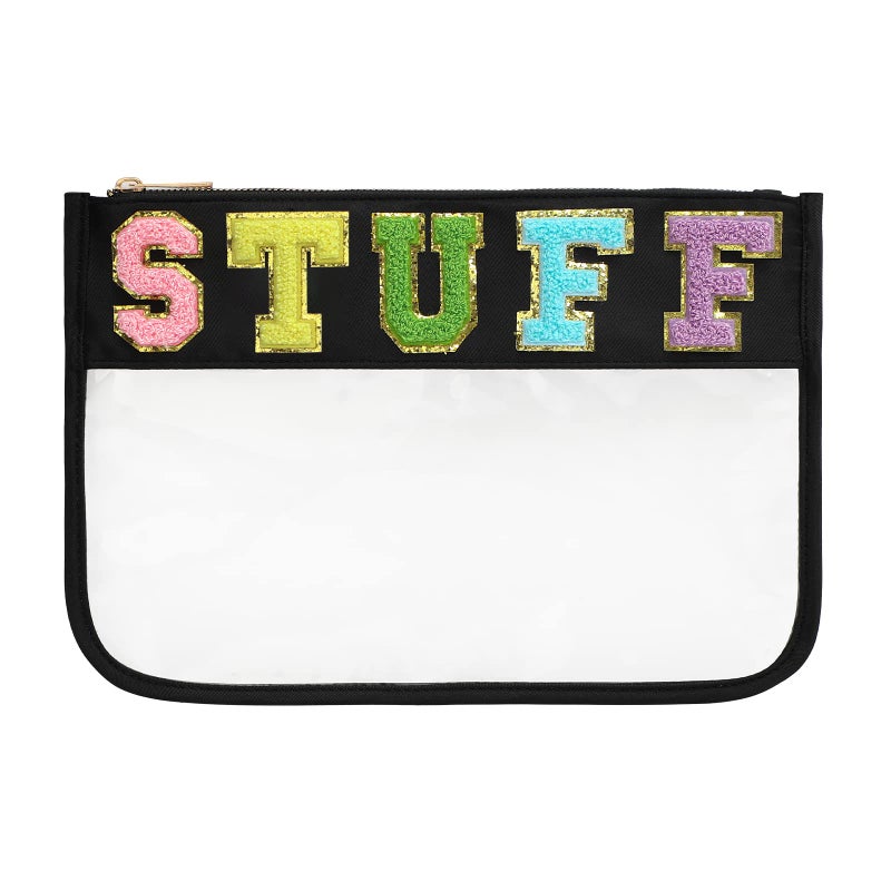 DYSHAYEN Chenille Letter Clear Zipper Pouch for TravelNylon Clear Cosmetic BagMakeup Travel Bag for Women Girls 118 Inches x 82 Inches BlackStuff