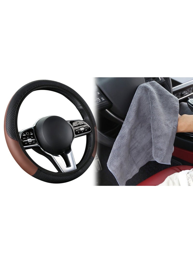 غطاء عجلة قيادة جلدية للسيارة، ناعم ومريح، قابل للتنفس وغير قابل للانزلاق، غطاء واقي لعجلة القيادة مرن عالمي، سيارات رياضية، تعديلات داخلية للسيارة وقطعة قماش لتنظيف السيارة 1جيان، قطعة قماش ميكروفايبر قابلة لإعادة الاستخدام، منشفة مطبخ، منشفة لغسل السيارة - Image 1