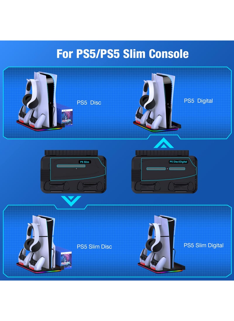 Saitake PS5 Stand, PS5 Slim Stand with Cooling Station and Controller Charging Station for PS5 Slim Console Disc/Digital, PS5 Accessories-Cooling Fan, RGB LED, Headset Holder, 15 Game Slot for Playstation 5  - Image 3